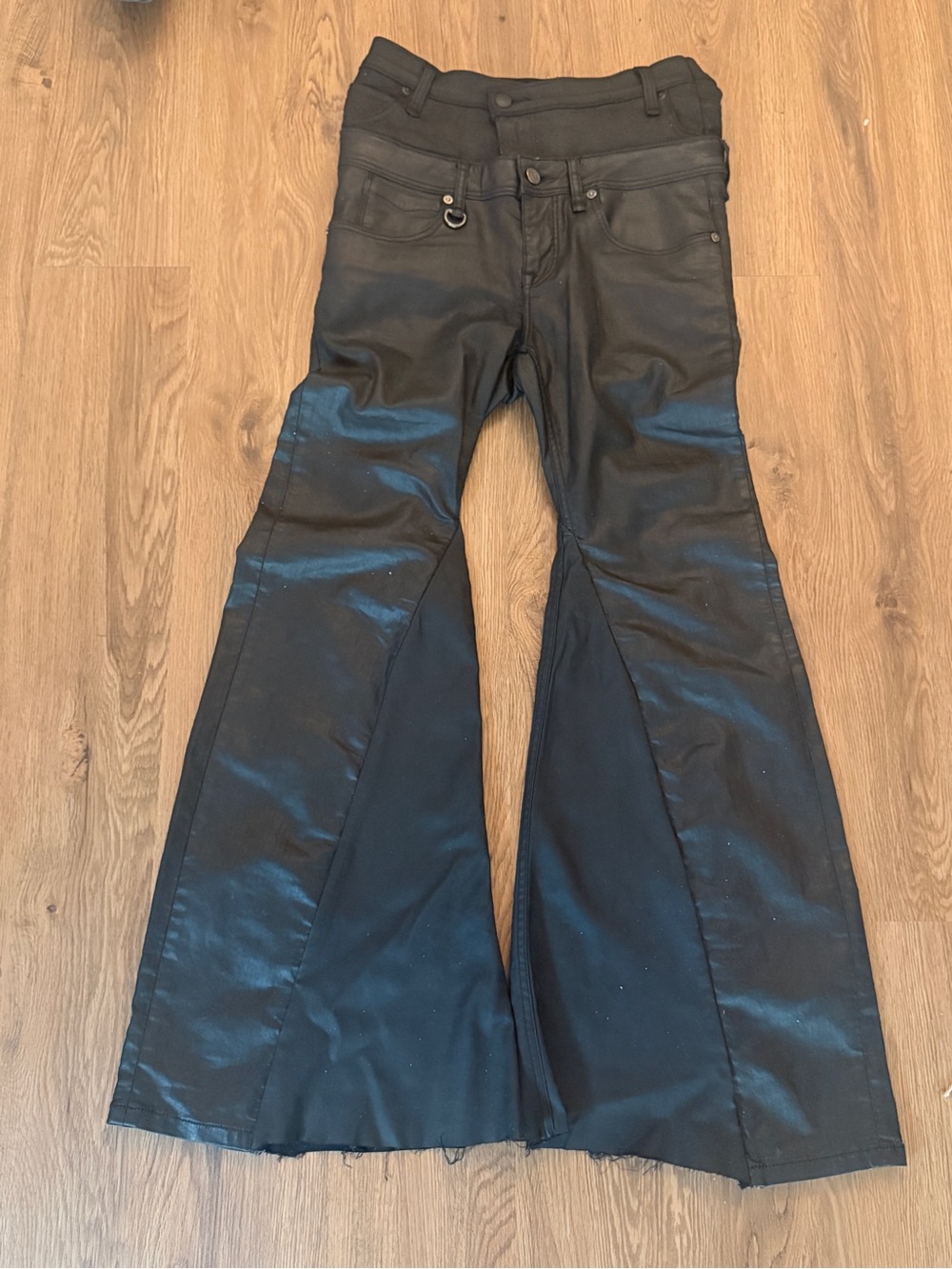 Black Double Waisted Leather High-Rise Flared Jeans
